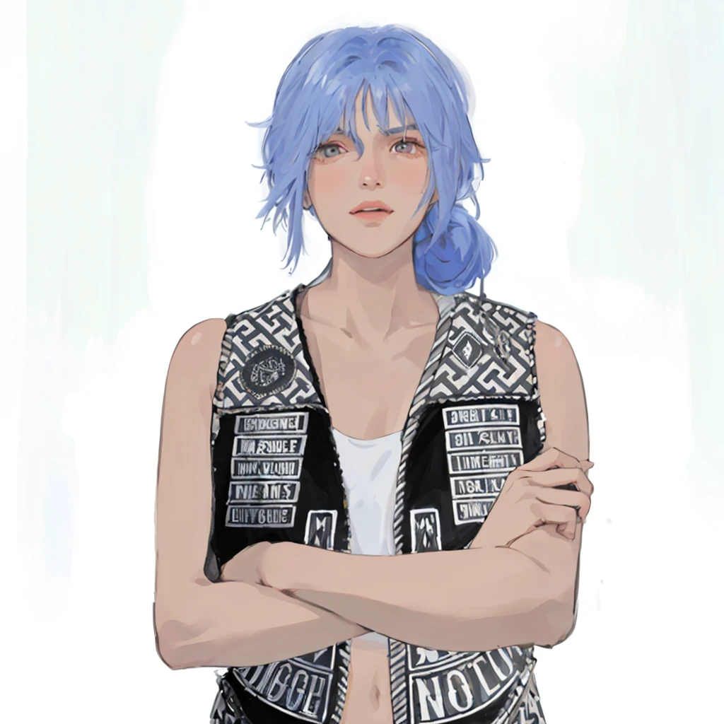 (masterpiece:1.2, best quality), (1girl, solo, upper body:1.2),flat face,Hair: buzz cut,Clothing: oversized, distressed denim jacket with patches and pins, paired with black skinny jeans and combat boots, Hanging out in an underground music venue or street art exhibit