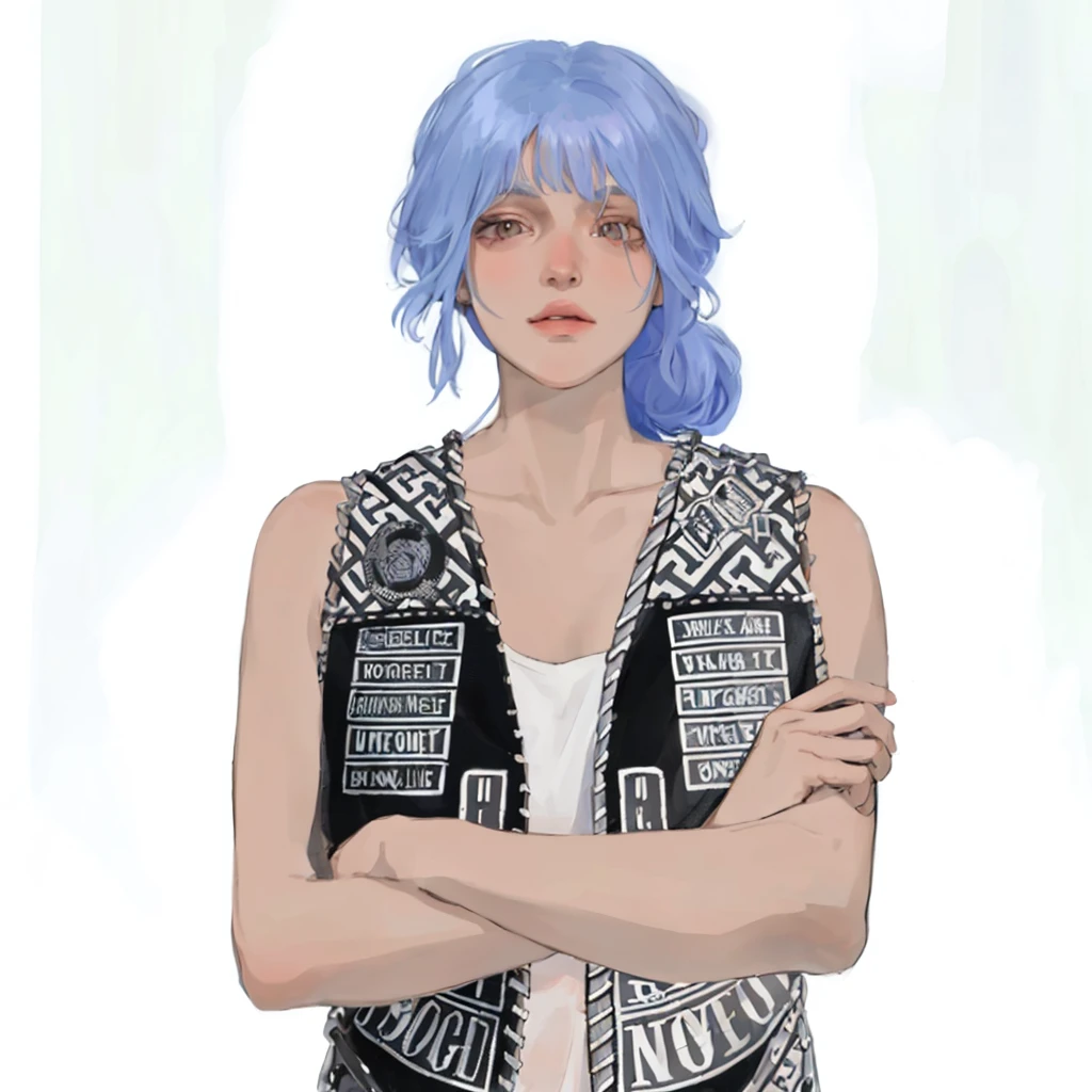 (masterpiece:1.2, best quality), (1girl, solo, upper body:1.2),flat face,Hair: buzz cut,Clothing: oversized, distressed denim jacket with patches and pins, paired with black skinny jeans and combat boots, Hanging out in an underground music venue or street art exhibit