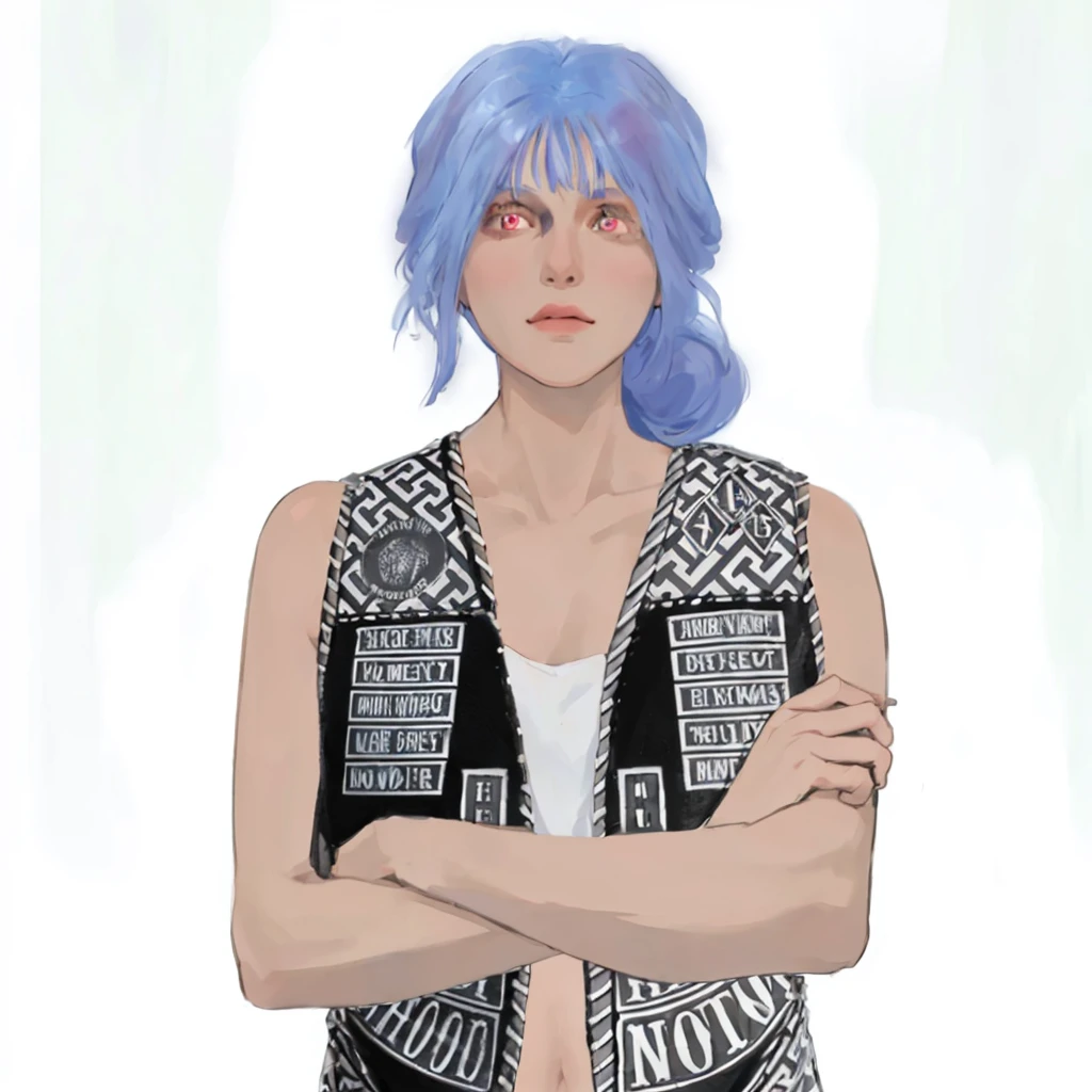(masterpiece:1.2, best quality), (1girl, solo, upper body:1.2),flat face,Hair: buzz cut,Clothing: oversized, distressed denim jacket with patches and pins, paired with black skinny jeans and combat boots, Hanging out in an underground music venue or street art exhibit