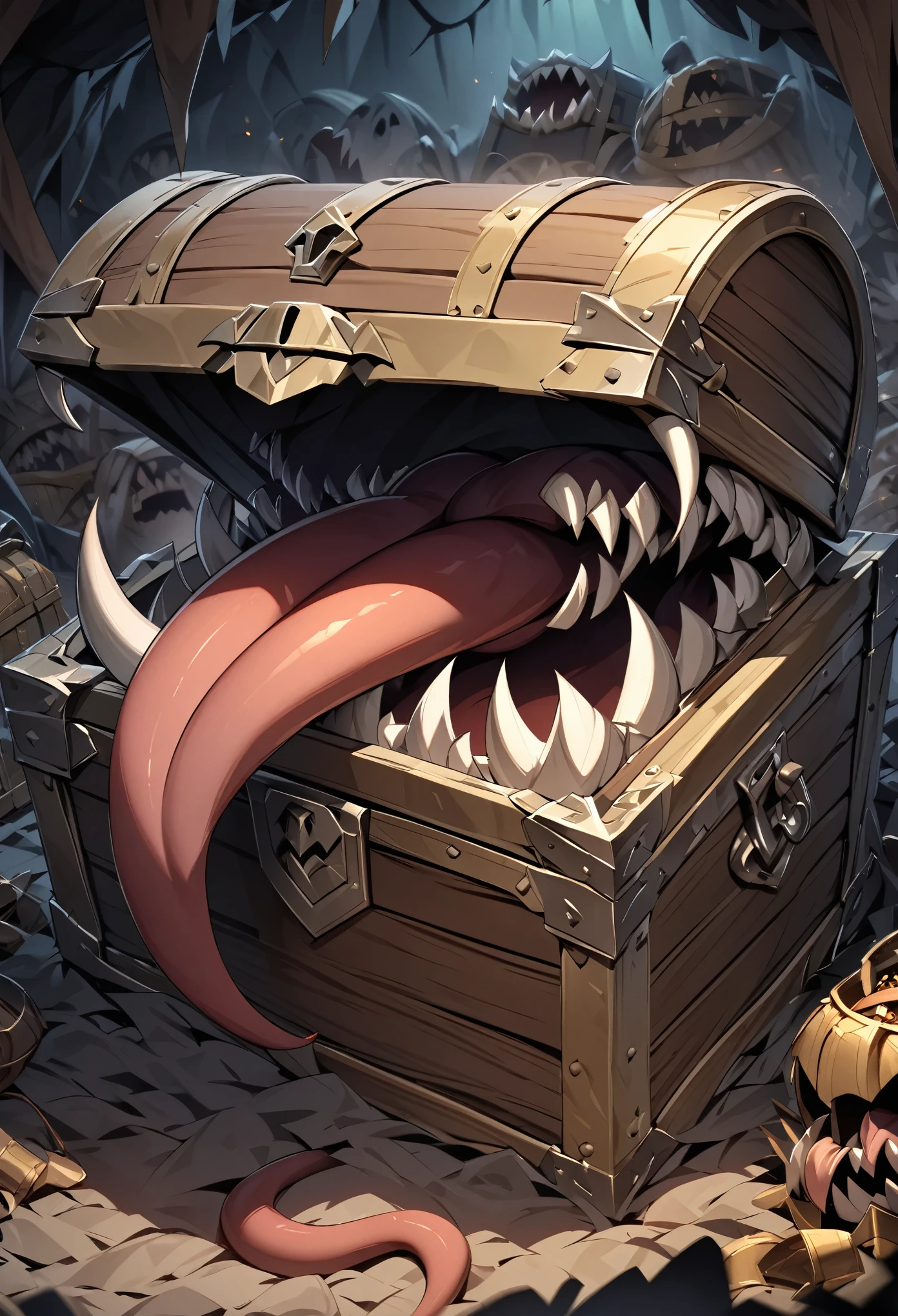 Disguised as a treasure chest, Transformed into a treasure chest, Mouth and fangs on a treasure chest, Treasure Chest Body, Long Tongue, mimic, Sharp Fangs:1.2, Attack with open mouth, Lurking deep in the dark dungeon, Dark color palette, High resolution, high resolution, High Detail, masterpiece:1.2,