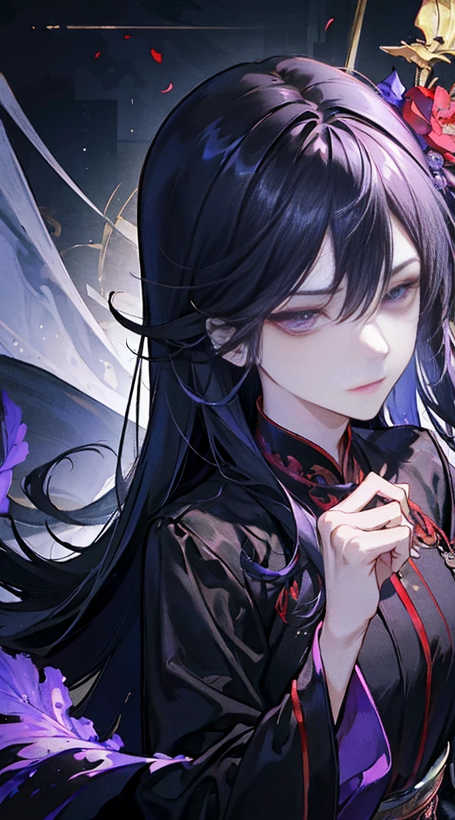 ((Best quality)), ((masterpiece)),((Practical)),(detailed)(whole body照片:1.5),(masterpiece, best quality, illustration), 1 , 1 Adult male,26 years old,Black long hair,Royal sister,enchanting,flirtatious,Male and female,Tall,Man who looks like a woman,A face like a woman,Female beauty,emaciated,披散的Black long hair,Flowing long hair,Crazy expression,Scarlet eyes flashing red light,Purple Eyeshadow,Black purple robe (Robe decorated with crow feathers),It's a waist-baring tights inside,宽大的antiquity袍子,The robe is embroidered with a black python , whole body, (Fighting action poses),whole body的图片,whole body 身材匀称,No Expression,Easy,Lazy posture (Magic Effects: 1.3), (Flowing clothing: 1.2),China风,Xian Xia,极其detailed,Highest quality,8K,Highest definition,antiquity,Magic Cultivator,The Grandmaster of Demonic Cultivation,antiquityXian Xia,China,antiquityChina,Robe corset,Martial Arts,Xian Xia,Fantasy style,antiquity玄幻,antiquity长袍