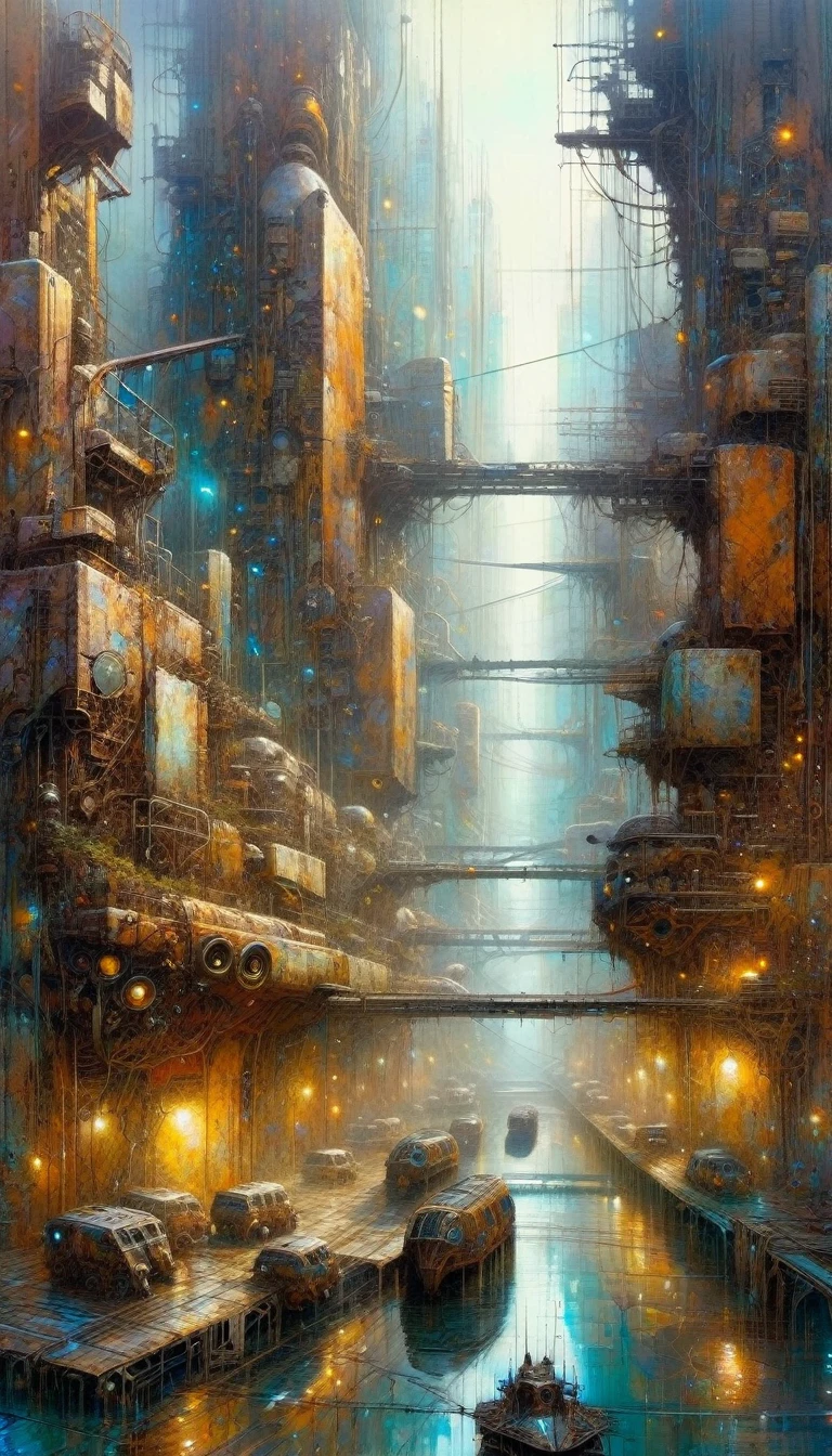 futuristic city.1.5, rusty metal city, lots of details(Brian Froud and Carne Griffiths and Wadim Kashin inspired art, intricate details, oil painting)
