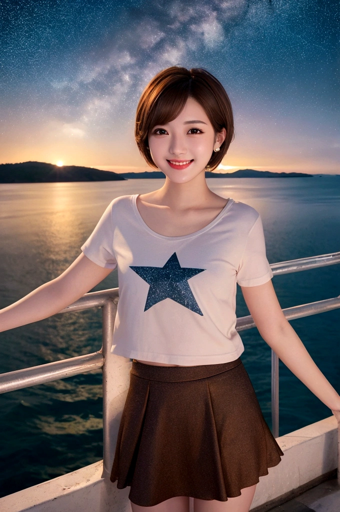 1woman, idol, short hair, brown hair, starry sky, sea, 20 years old, angle from below, smile, short t-shirt, short skirt