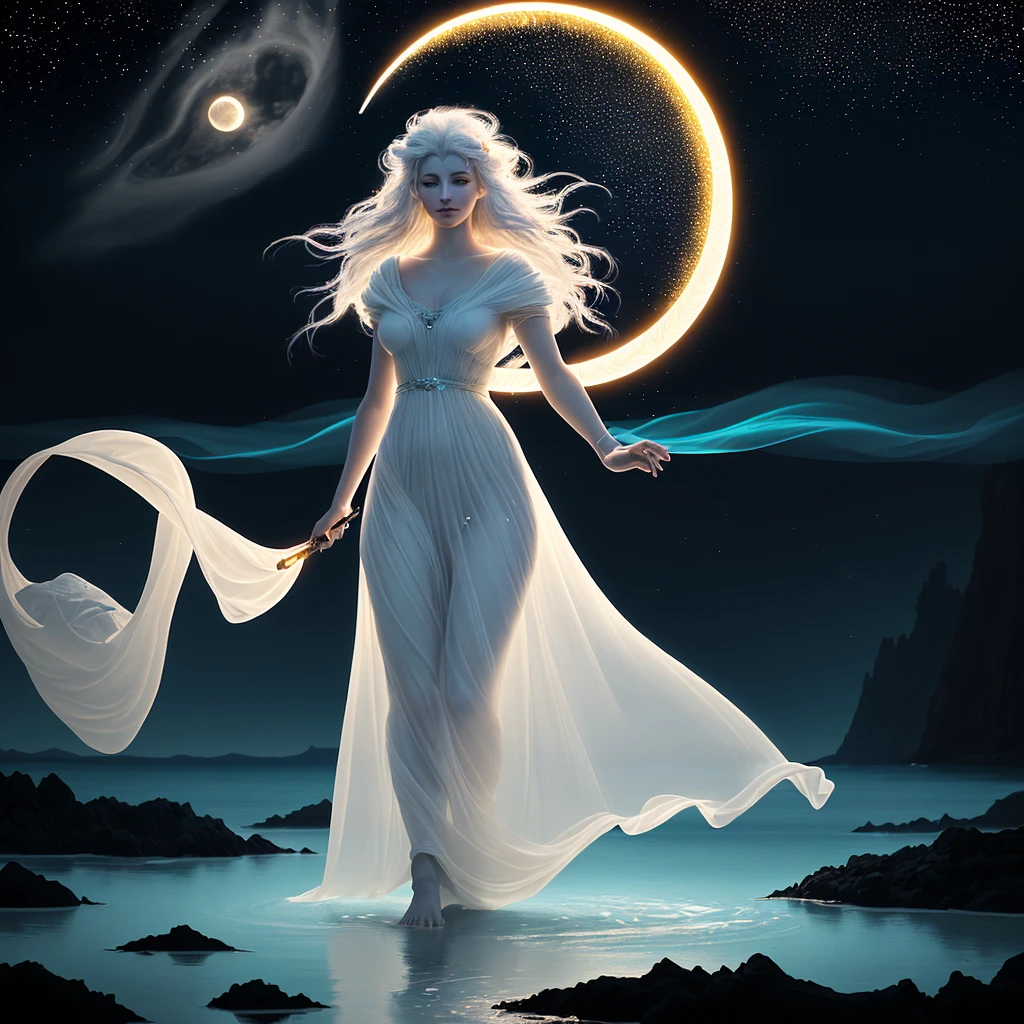 Dreamlike and magical scene of the Celtiberian goddess Noctiluca walking on the surface of the sea accompanied by a majestic and ethereal white lion with a leafy mane. She carries a torch in her hand. The scene is illuminated by the bioluminescent blue glow of the goddess and the glowing particles that surround them., by the crescent moon and the stars. She is dressed in a light, translucent dress that flows in the air and seems to merge with the water around her.. An epic fantasy scene, but with great graphic realism, full of detail and beauty. With an exceptional richness of nuances and exquisiteness down to the smallest detail.. A masterpiece that seems about to come to life and brims with divinity.