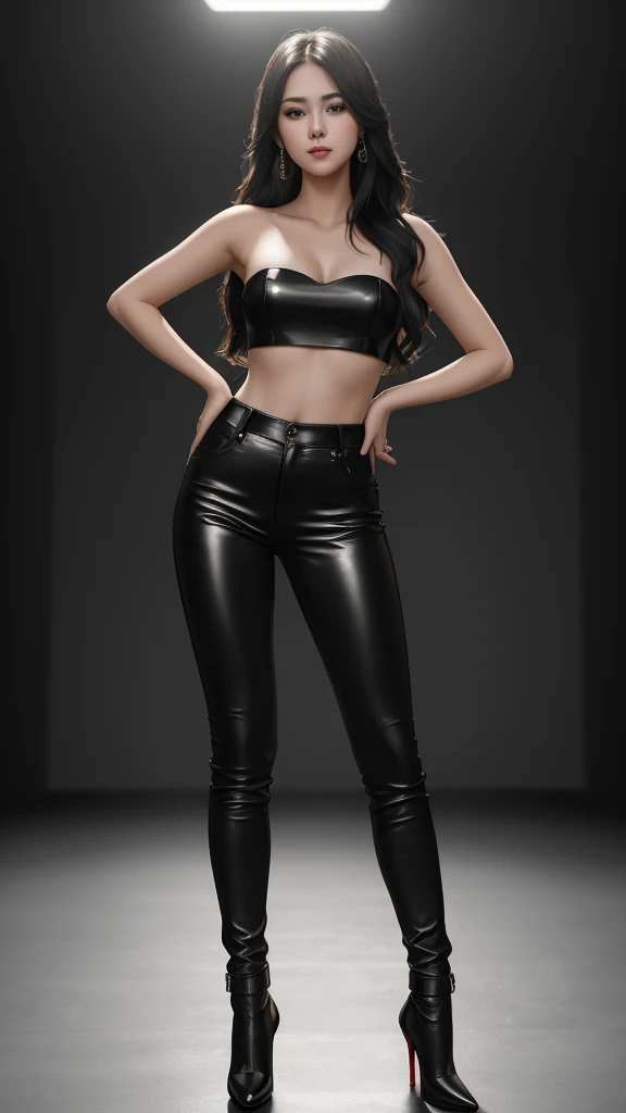 beautiful teenage girl Wear a strapless top, rock singer style. black rubber pants red high heels standing at the fashion show perfect light Perfect composition Beauty Masterpiece Award winning Artstation 8k Artgerm Mucha Dim 18k octane light Beautiful detail rendering. post processing, portrait, exaggerated detail, complex, grand composition, cinematic lighting, masterpiece, trending in art station, high detail, masterpiece, beautiful, 18k, HDR, smooth, sharp focus, high resolution,full body.