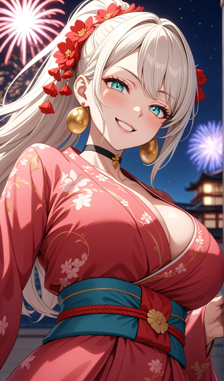 ((One personの女性)), Beautiful Face, head tilt, ((laugh)),((Wink:2.0)),((Touch your lips)), Laugh with your mouth wide open,((Bright red cheeks:1.4)),Shiny red lips,night,rooftop,You can see the ocean, firework,Laughing with your mouth open,Glossy pink lips,Facial lighting,((Anime style background)),masterpiece, Highest quality, so beautiful,up to date, Complex details, (Pink long nails),(4fingers and 1thumbs), (ring),(bracelet),(choker),AI-generated, Complex,High resolution, Highest quality, super high quality,3D Images、3D Images,One person,Long blonde hair,High Ponytail,(Turquoise Eyes),Anime woman posing for a photo, ((Fine grain、Colorful eyes on white、Shining Eyes:1.3)),(Squint your eyes:1.1),a hyperRealistic , hyperRealistic , Realistic,Anime woman with long white hair, Smooth anime CG art, A woman in a colorful kimono with gold embroidery, (Pink long sleeve kimono),Red floral pattern,Long flower hair ornament,Earrings,Mature Body,(Big Breasts:1.1),expensive,Abdominal muscles,Tight waist,(Zoom up to face:1.7),Shooting from diagonally below