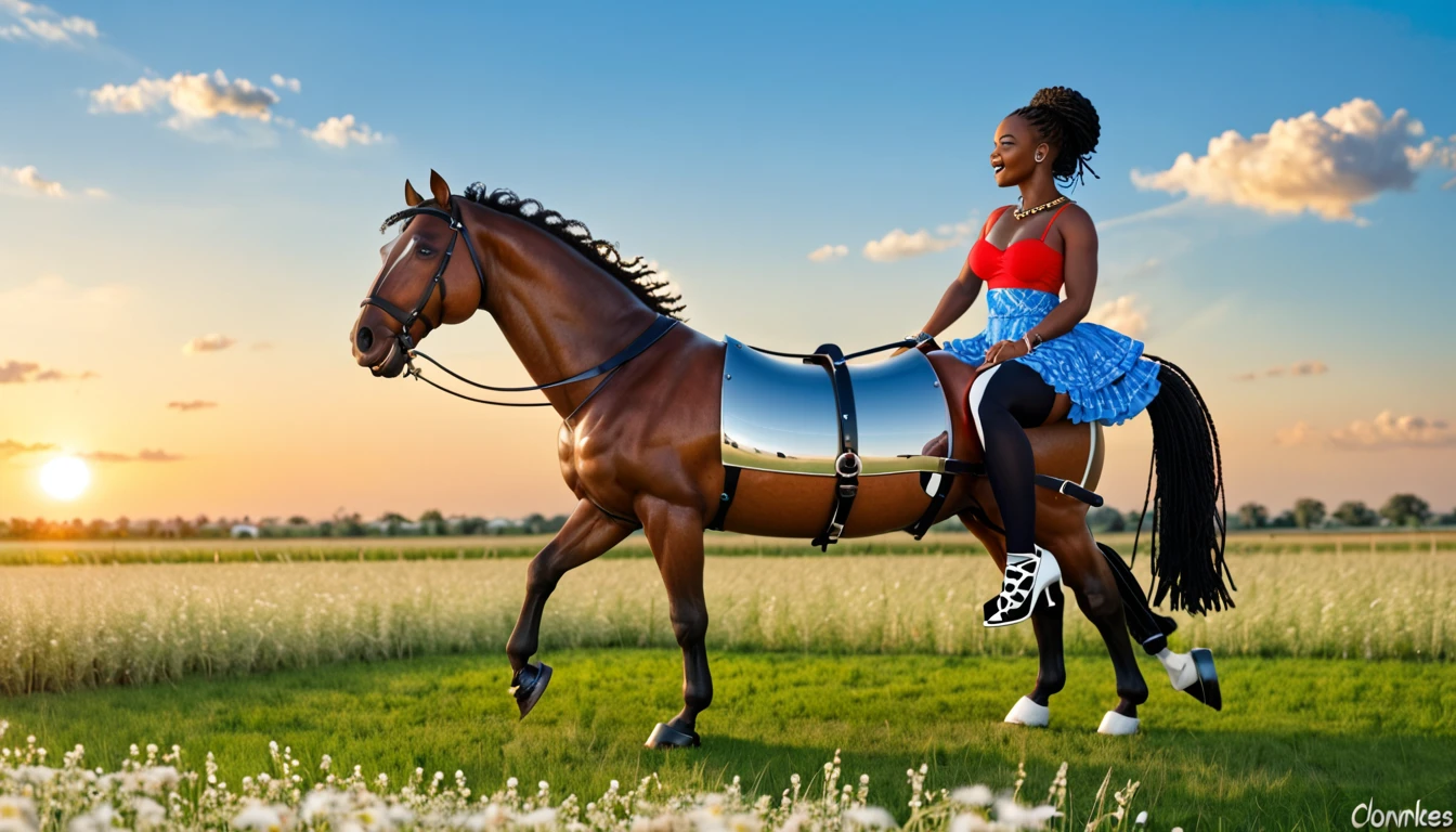 flat grass meadow. cloudless blue sky. full figured African woman riding horse.