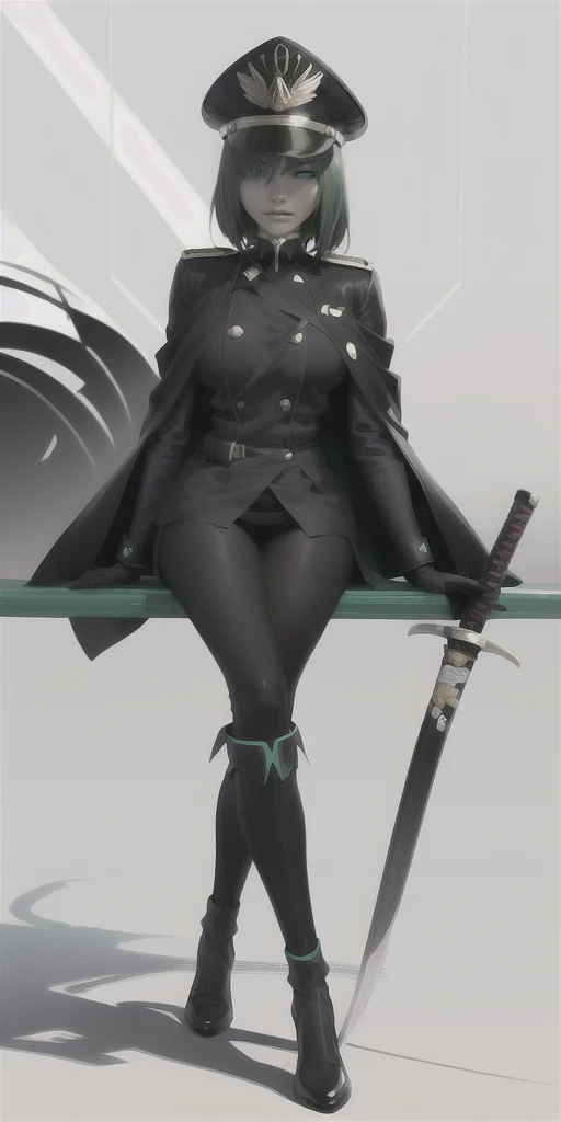 allmind, short hair, black hair, bangs, curvy, anatomical correct, outfit-blackgh, 1girl, solo, looking at viewer, full body, crossed legs, katana, sheath, peaked cap, sheathed, military hat, hollow eyes, green eyes, lips, cheek, expressionless, glaring eyes, upper teeth, Popogori1