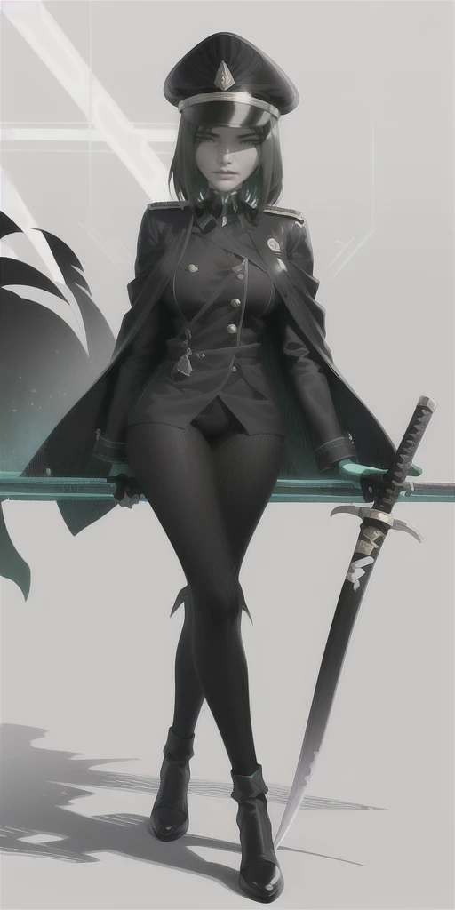 allmind, short hair, black hair, bangs, curvy, anatomical correct, outfit-blackgh, 1girl, solo, looking at viewer, full body, crossed legs, katana, sheath, peaked cap, sheathed, military hat, hollow eyes, green eyes, lips, cheek, expressionless, glaring eyes, upper teeth, Popogori1