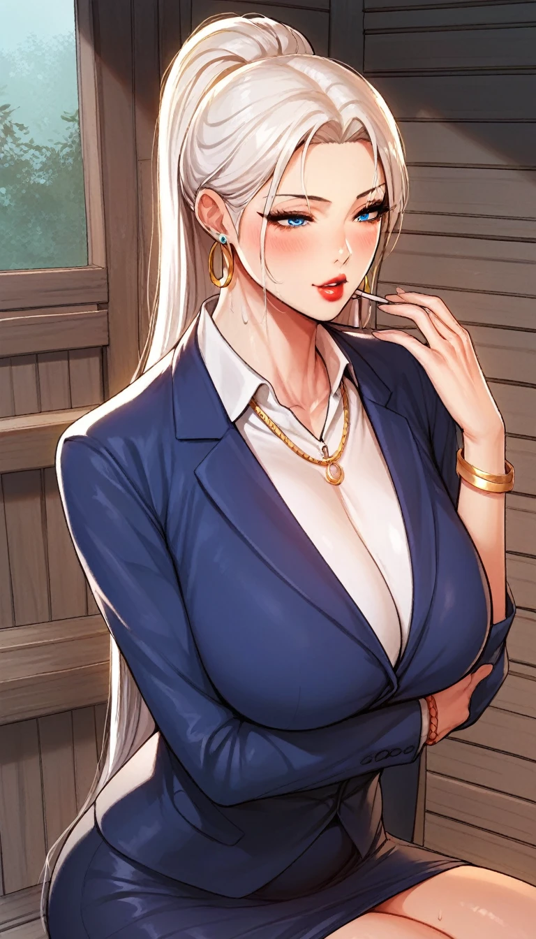 score_9, score_8_up, score_7_up, score_6_up, score_5_up, score_4_up, yu hee breasts sucked and bitten by fat ugly old boss in cabin, blue eyes, white hair, long slicked back hair, large breasts, glowing big hoops earrings, business suit , bracelet, necklace, lipstick , naughty moan expression 