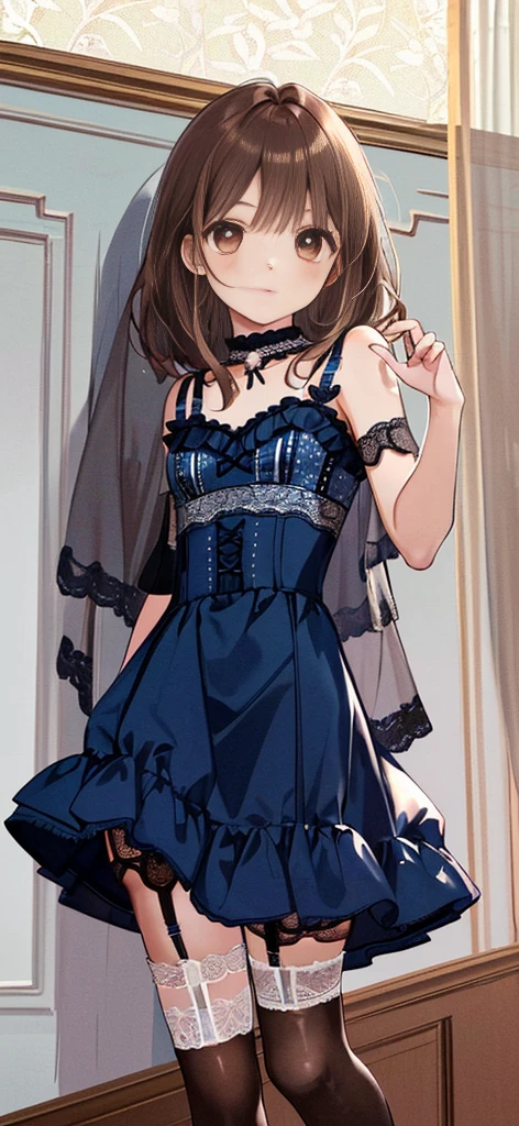 ((masterpiece)), ((best quality)), ((ultra detailed)), ((kawaii)), cute, (lovely), ((extremely detailed)), ((8K)), (beautiful), full body, luxury room, a cute girl, 1girl, solo, blue mini camisole dress,beautiful light brown hair, ((detailed beautiful brown eyes)), white-skinned, flat breast, tiny breast, garter belt,(garter stockings:1.4),pink eyeshadow