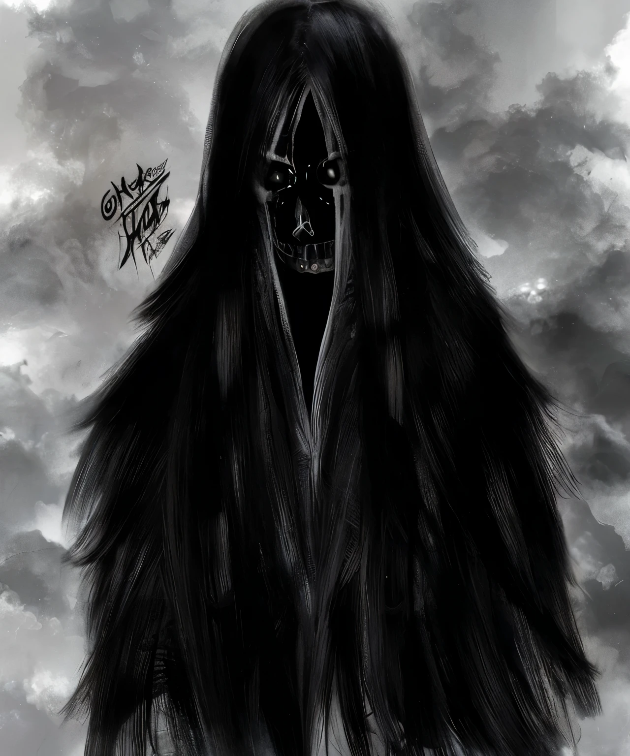 Ghost,monster,full hair,long black hair,skull face,horror,creepy,realistic,ultra detail