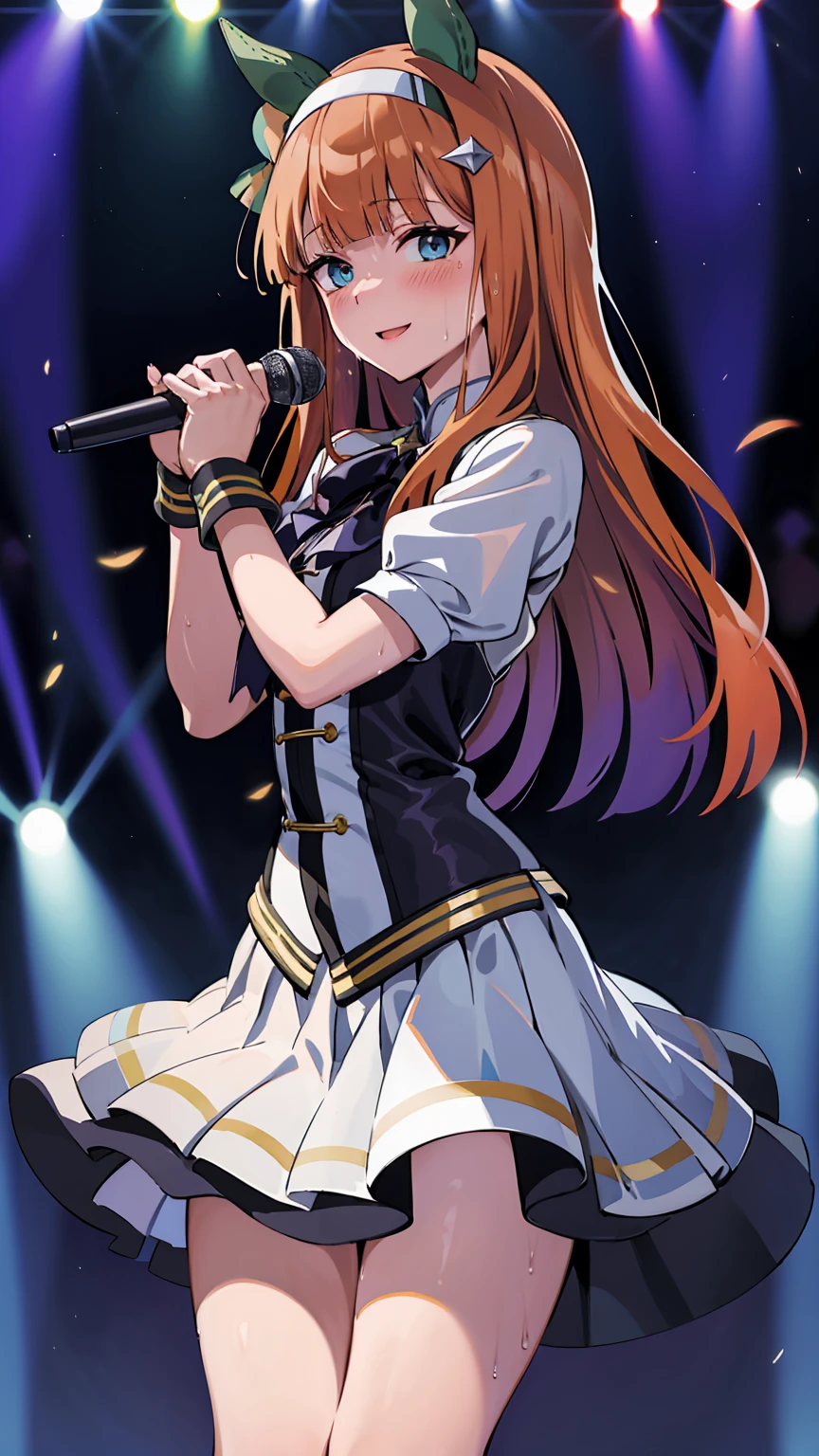 Holding a microphone in one hand、singing、A big smile、shout、intense dance、dance、足を上げてdance、Best image quality、High resolution、masterpiece、super high quality、Live Performance Venues、Large crowd、Many penlights、Sweaty、Very short pleated skirt、Heavy breathing、Blushing、4K quality、Black Pantyhose、Voluptuous thighs