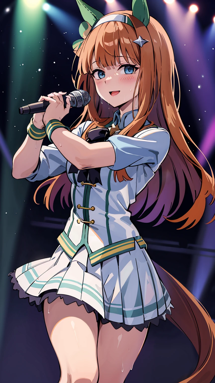 Holding a microphone in one hand、singing、A big smile、shout、intense dance、dance、足を上げてdance、Best image quality、High resolution、masterpiece、super high quality、Live Performance Venues、Large crowd、Many penlights、Sweaty、Very short pleated skirt、Heavy breathing、Blushing、4K quality、Black Pantyhose、Voluptuous thighs