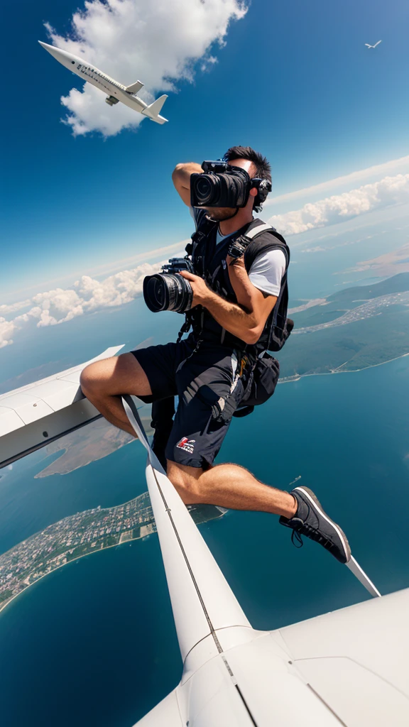 Men flying in the sky with taking camera in his hand