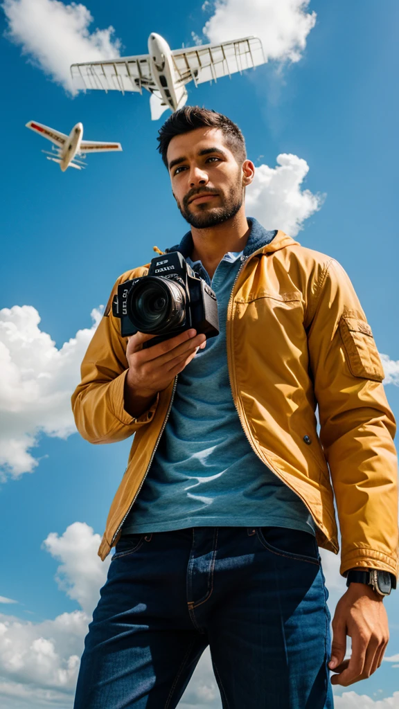 Men flying in the sky with taking camera in his hand