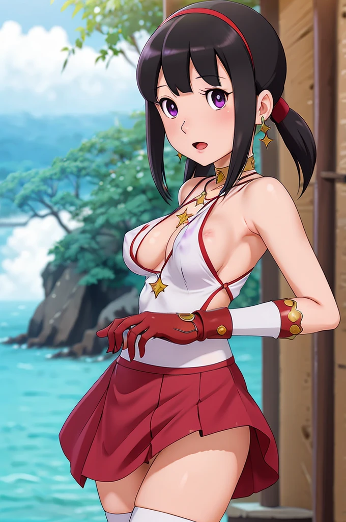 (masterpiece), (best quality), (ultra-detailed), shizuka,hot,full body,intricate detail, detailed beautiful face and eyes,1girl, solo, purple eyes, purple hair, long dark blue hair, big breast,nipple,white earrings, red hairband, star hair ornament,fingerless gloves, gloves,pantyhose, jewelry, pleated_skirt,red skirt, short sleeves, Blunt Bangs,shizuka,hot,sea background