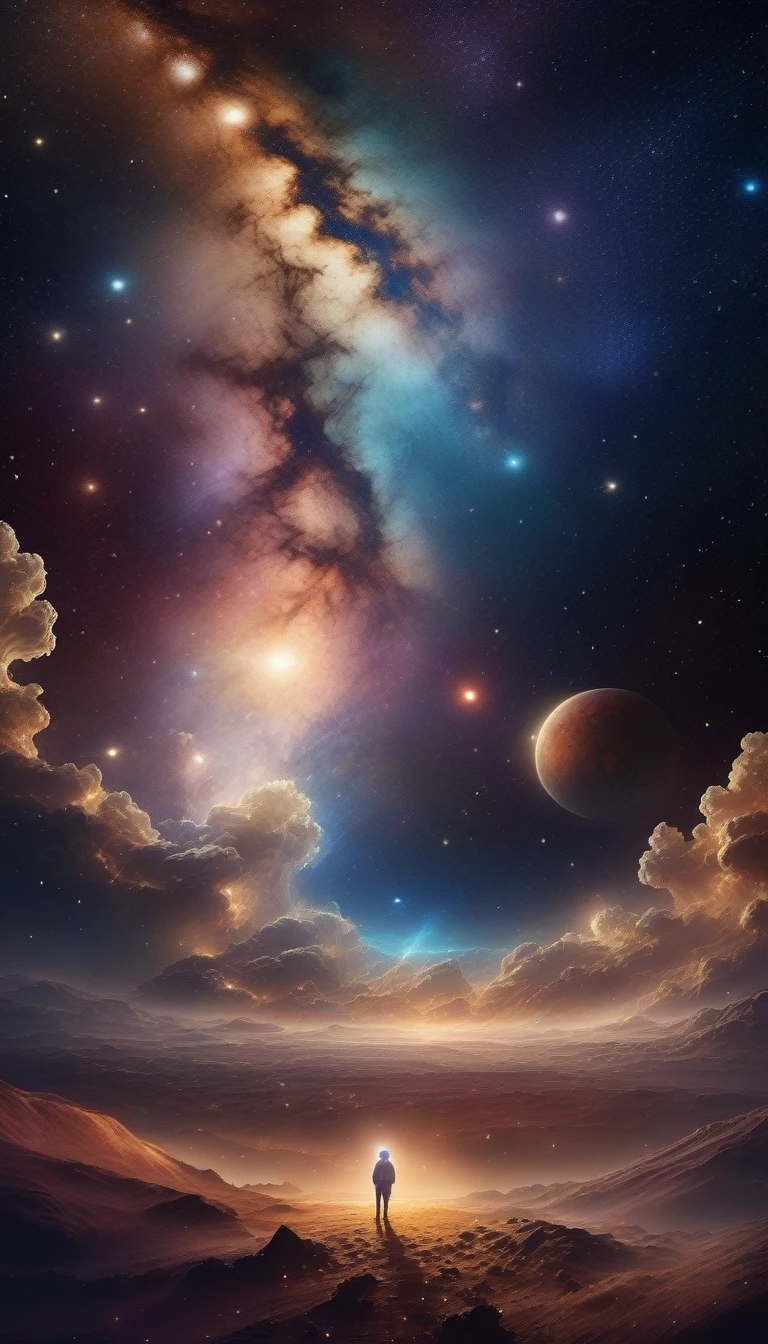 High Detail, Very detailed, Ultra-high resolution, Enjoy your time in a dream galaxy, Surrounded by stars, Warm light, Background is starry sky，There are colorful galaxies and galaxy clouds, The stars fly around her, , Add some atmosphere，No characters