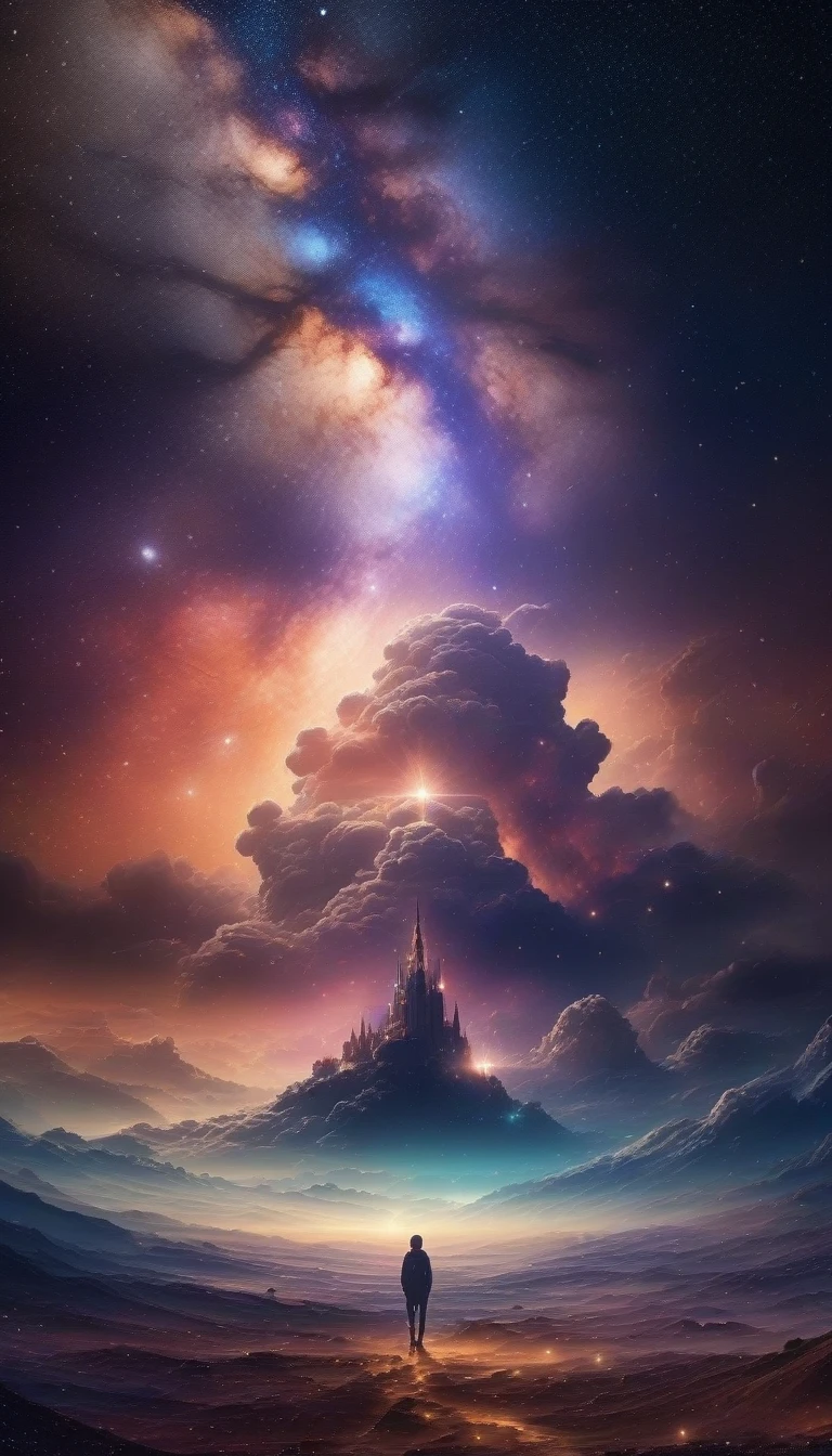 High Detail, Very detailed, Ultra-high resolution, Enjoy your time in a dream galaxy, Surrounded by stars, Warm light, Background is starry sky，There are colorful galaxies and galaxy clouds, The stars fly around her, , Add some atmosphere，No characters