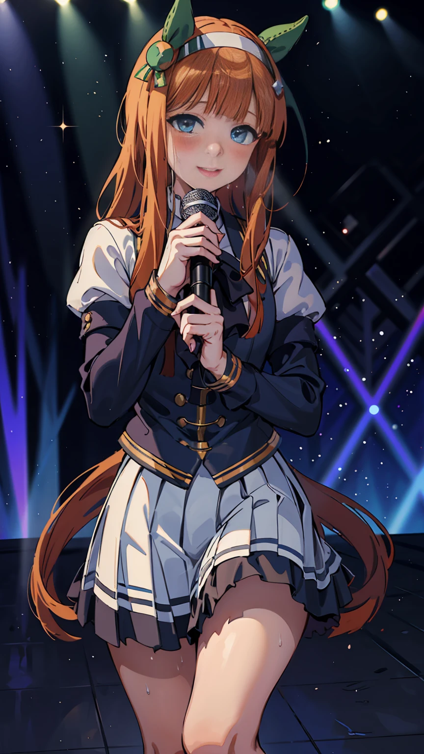 Holding a microphone in one hand、singing、A big smile、shout、intense dance、dance、足を上げてdance、Best image quality、High resolution、masterpiece、super high quality、Live Performance Venues、Large crowd、Many penlights、Sweaty、Very short pleated skirt、Heavy breathing、Blushing、4K quality、Black Pantyhose、Voluptuous thighs
