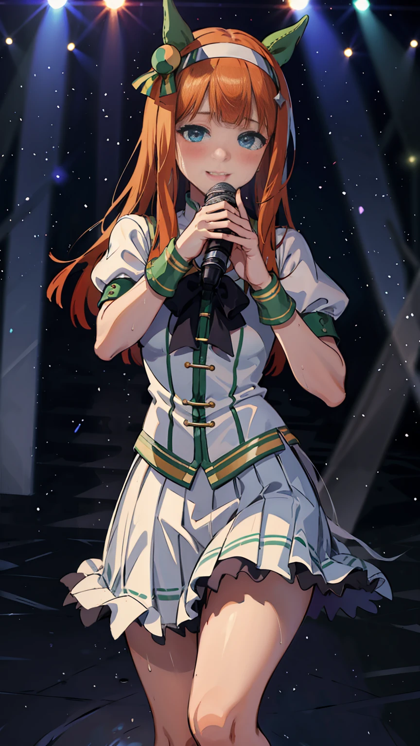 Holding a microphone in one hand、singing、A big smile、shout、intense dance、dance、足を上げてdance、Best image quality、High resolution、masterpiece、super high quality、Live Performance Venues、Large crowd、Many penlights、Sweaty、Very short pleated skirt、Heavy breathing、Blushing、4K quality、Black Pantyhose、Voluptuous thighs
