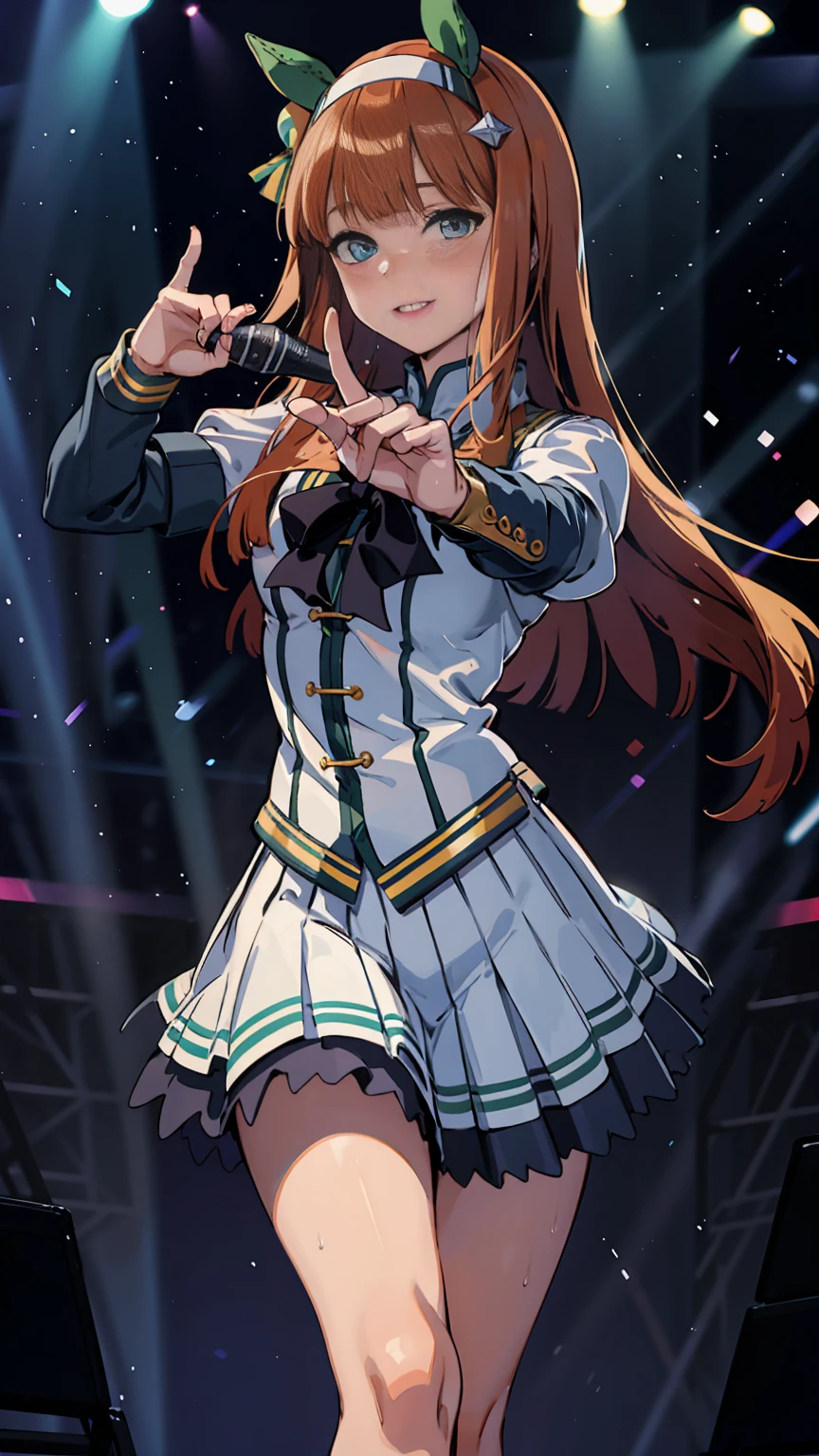 Holding a microphone in one hand、singing、A big smile、shout、intense dance、dance、足を上げてdance、Best image quality、High resolution、masterpiece、super high quality、Live Performance Venues、Large crowd、Many penlights、Sweaty、Very short pleated skirt、Heavy breathing、Blushing、4K quality、Black Pantyhose、Voluptuous thighs