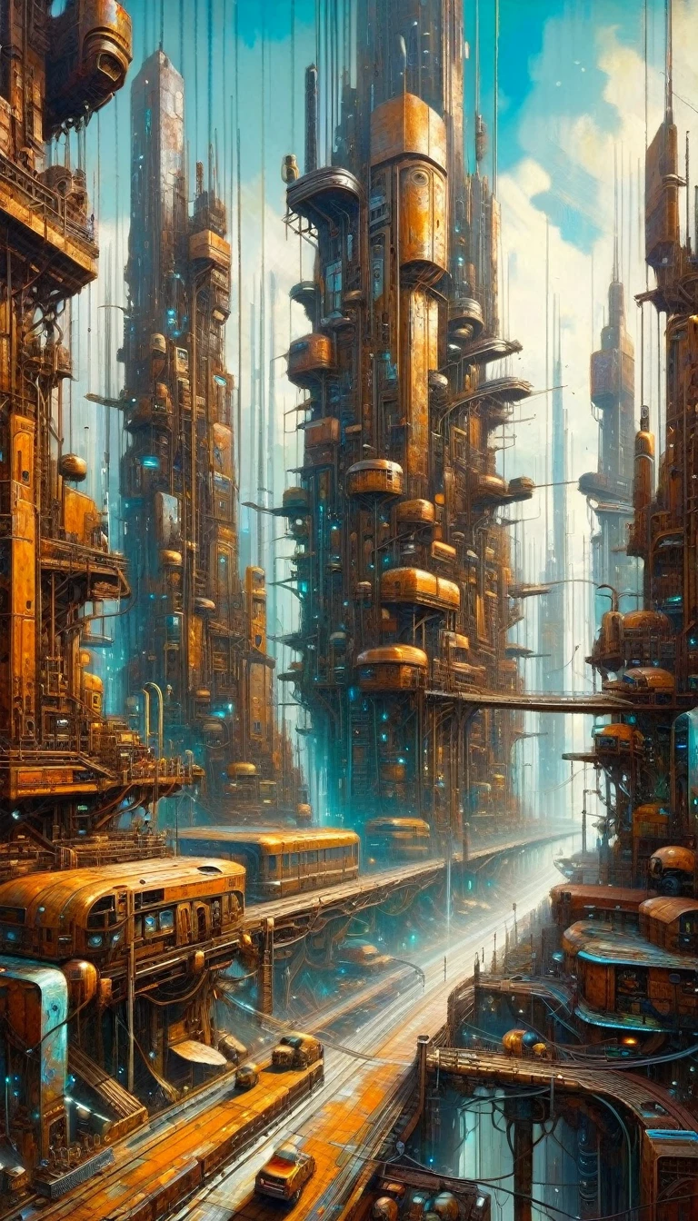 futuristic city.1.5, rusty metal city, lots of details(Mike del Mundo inspired art, intricate details, oil painting)
