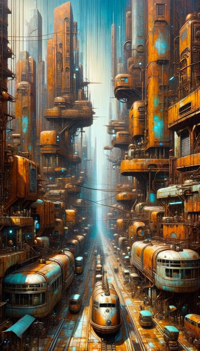 futuristic city.1.5, rusty metal city, lots of details(Mike del Mundo inspired art, intricate details, oil painting)