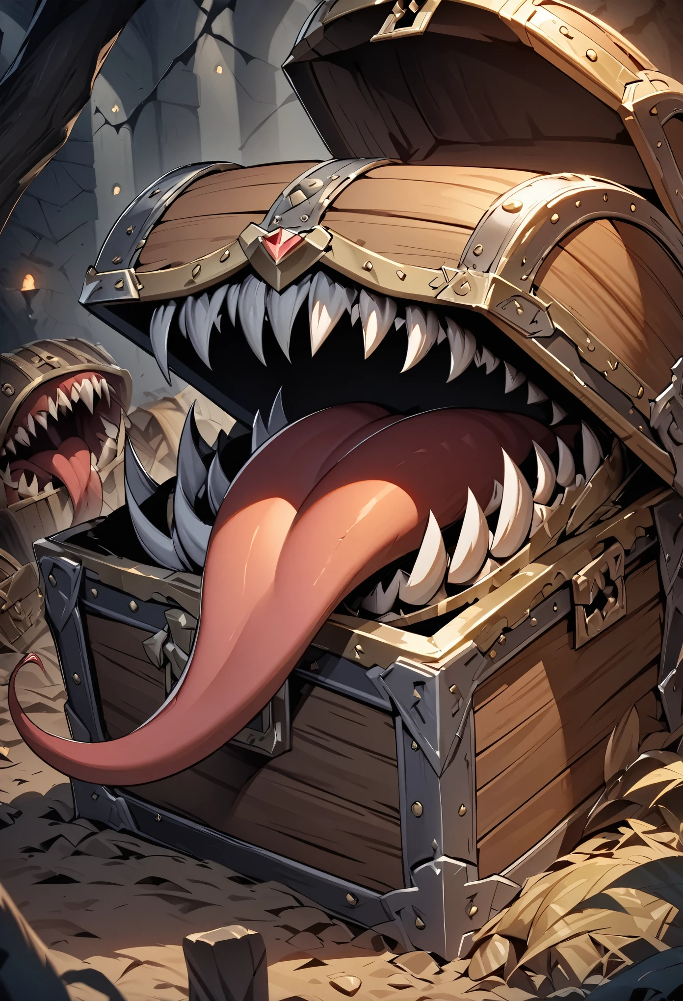 Disguised as a treasure chest, Transformed into a treasure chest, Mouth and fangs on a treasure chest, Treasure Chest Body, Long Tongue, mimic, Sharp Fangs:1.2, Attack with open mouth, Lurking deep in the dark dungeon, Dark color palette, High resolution, high resolution, High Detail, masterpiece:1.2,