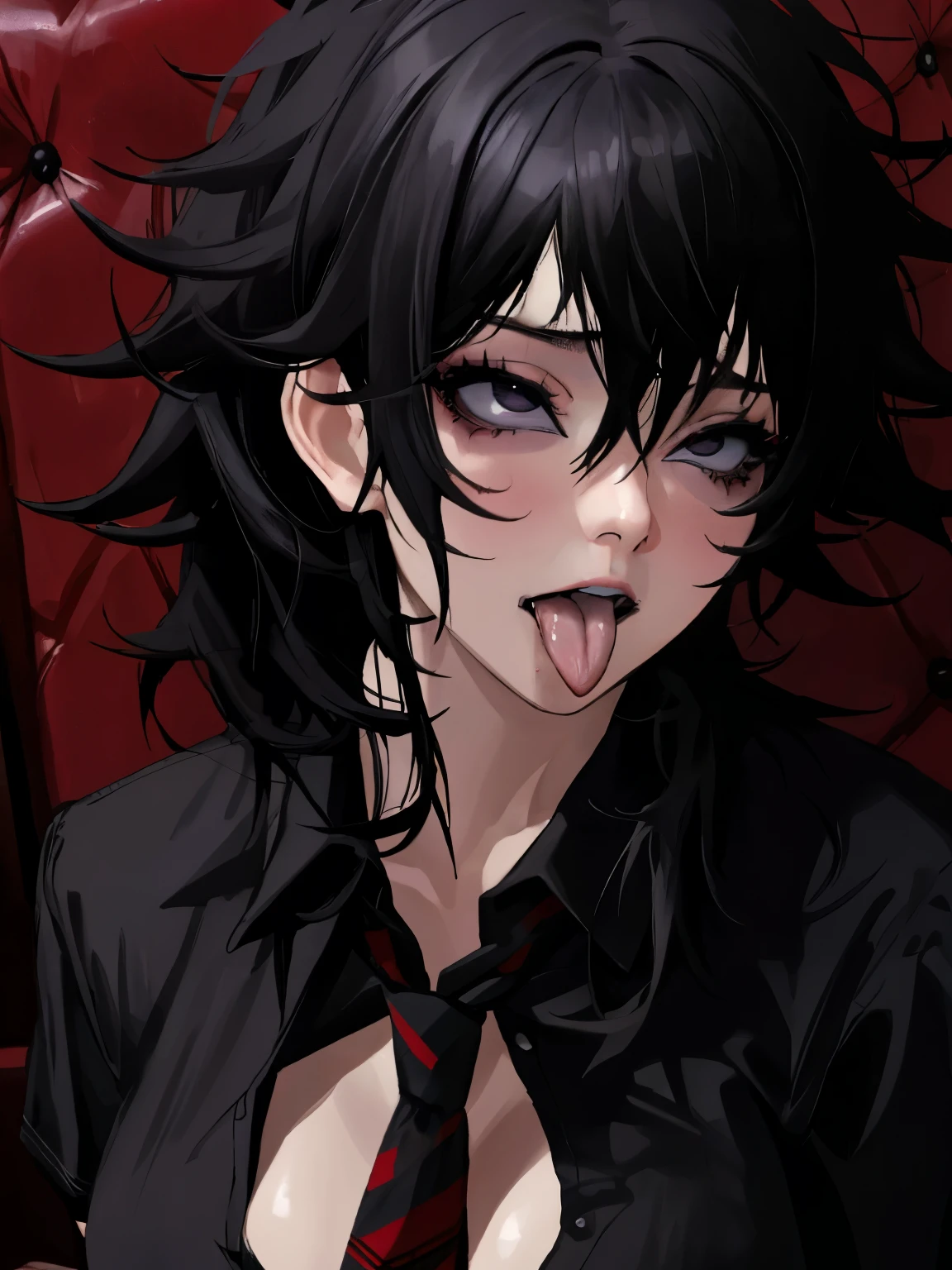 masterpiece, best quality,realistic,absurdres,1girl,looking at viewer, tongue, ahg, ahegao, living room, skinny,  black hair, goth punk, messy hair, bedhead, black collared shirt, red tie, breasts