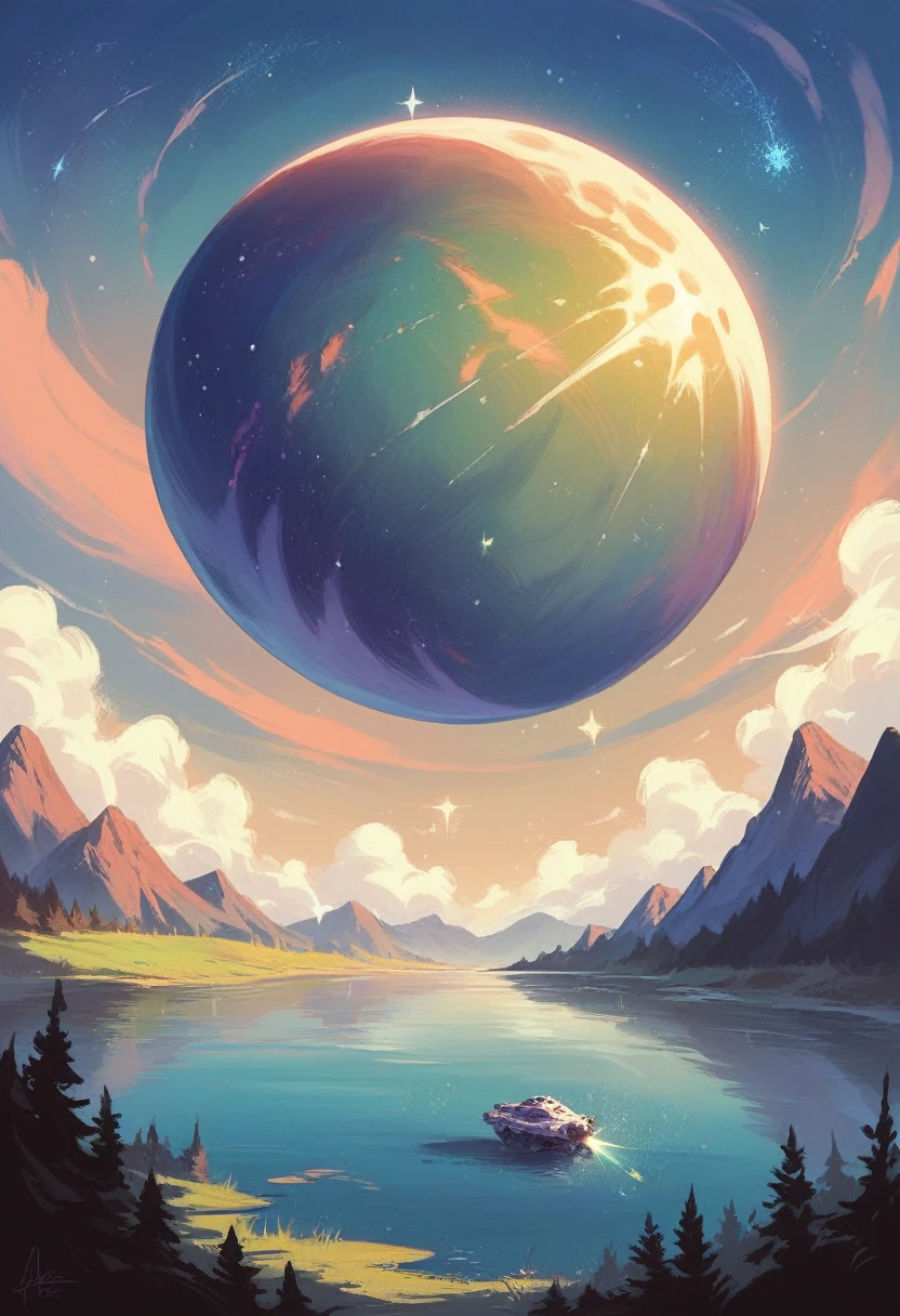 Realism, digital drawing, a (massive star) shaped meteor crashing into the middle of a lake, (midnight), galaxy in the sky