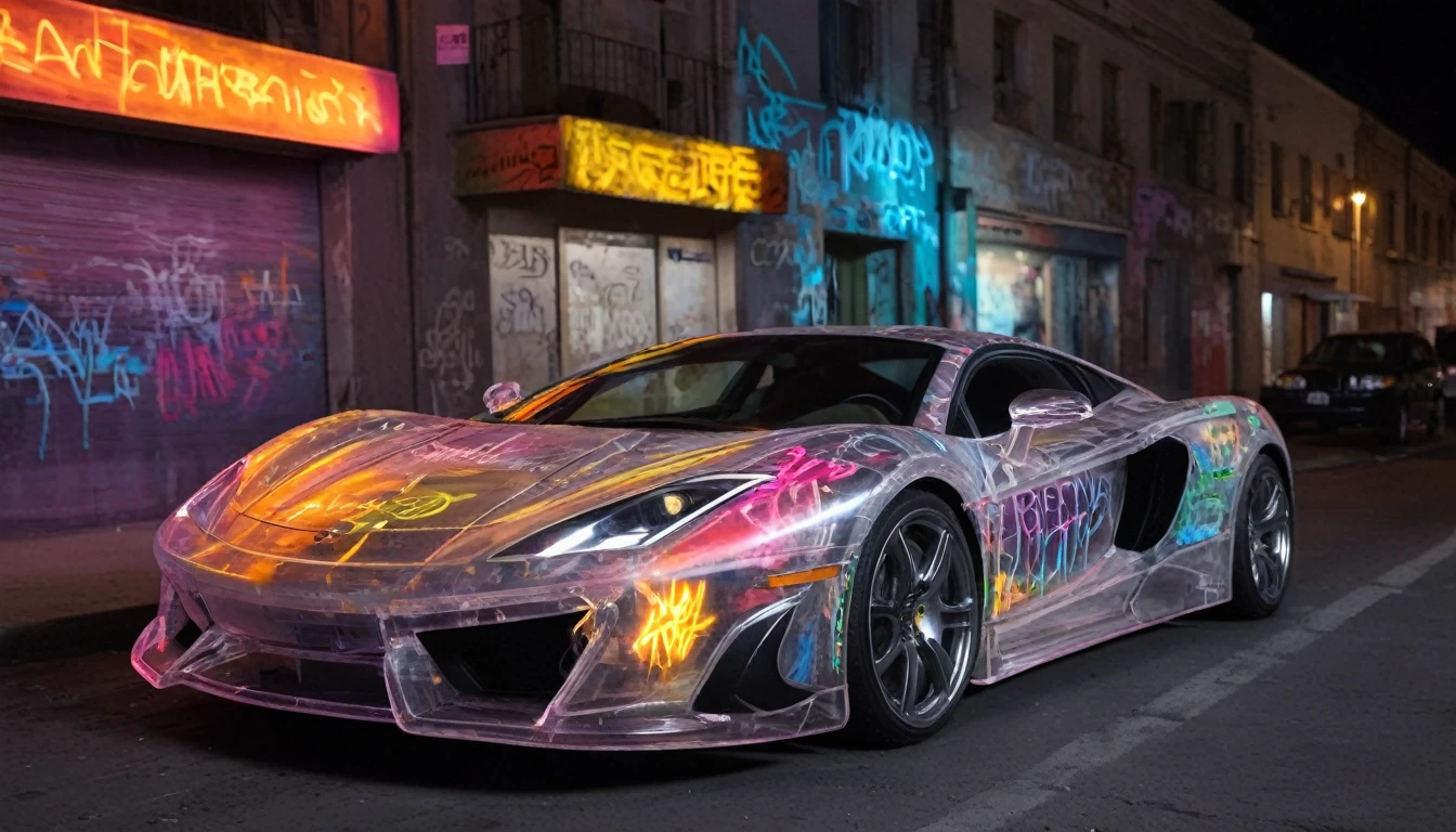Movie stills,Supercar,(Transparent body:1.3),Carved graffiti,Neon Light,street,night,colorful