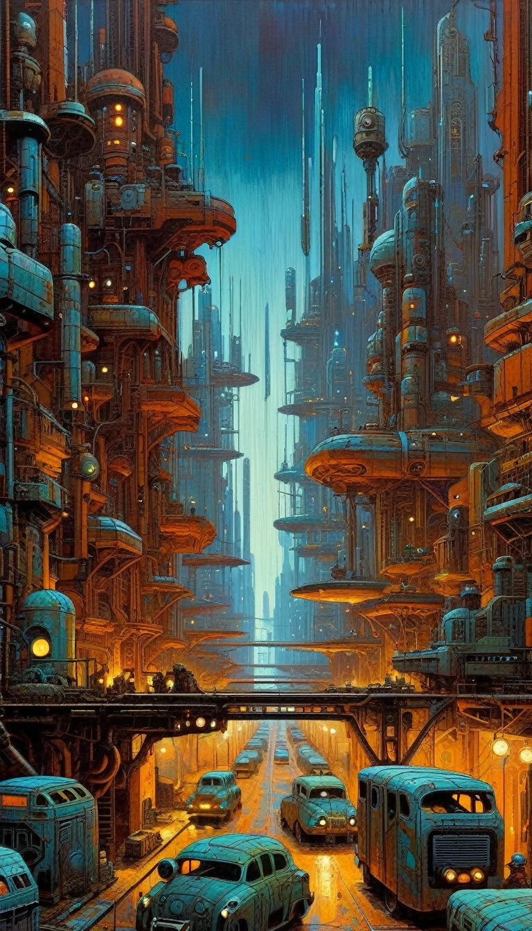 futuristic city.1.5, rusty metal city, lots of details(Mike Mignola inspired art, intricate details, oil painting)