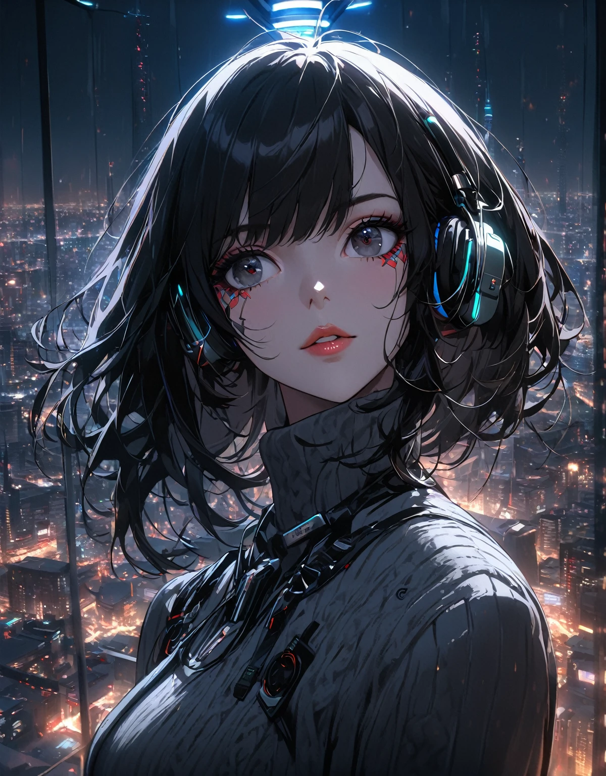 1girl, beautiful detailed eyes, beautiful detailed lips, extremely detailed face and eyes, long eyelashes, cute and elegant, medium length dark hair, black hair, black eyes, cyberpunk, futuristic, rainbowheadphones, knit dress, cityscape, cityview, cityscape at night, standing on top of a tv tower, looking into the distance, controltheory