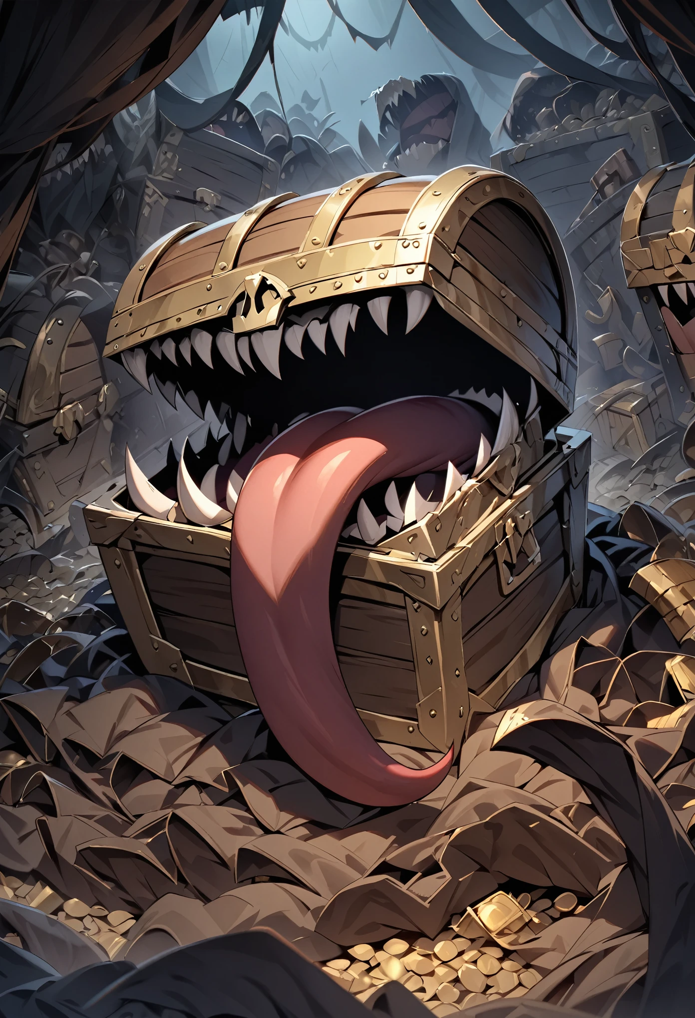 Disguised as a treasure chest, Transformed into a treasure chest, Mouth and fangs on a treasure chest, Treasure Chest Body, Long Tongue, mimic, Sharp Fangs:1.2, Attack with open mouth, Lurking deep in the dark dungeon, Dark color palette, High resolution, high resolution, High Detail, masterpiece:1.2,