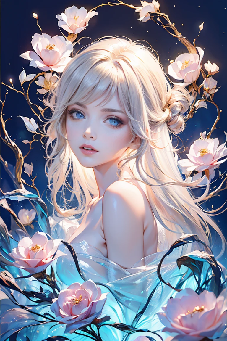 (best quality, 8K, CG, Beautiful and delicate whole body, , girl, Transparent coat dress, Flower background, complex facial features, length, flowing hair, Almond eyes, Exquisite eye makeup, length eyelashes fluttering, Blink your eyes wide, Starry Sky, Exquisite lip details, Soft and harmonious style)、Lovely、Sexy