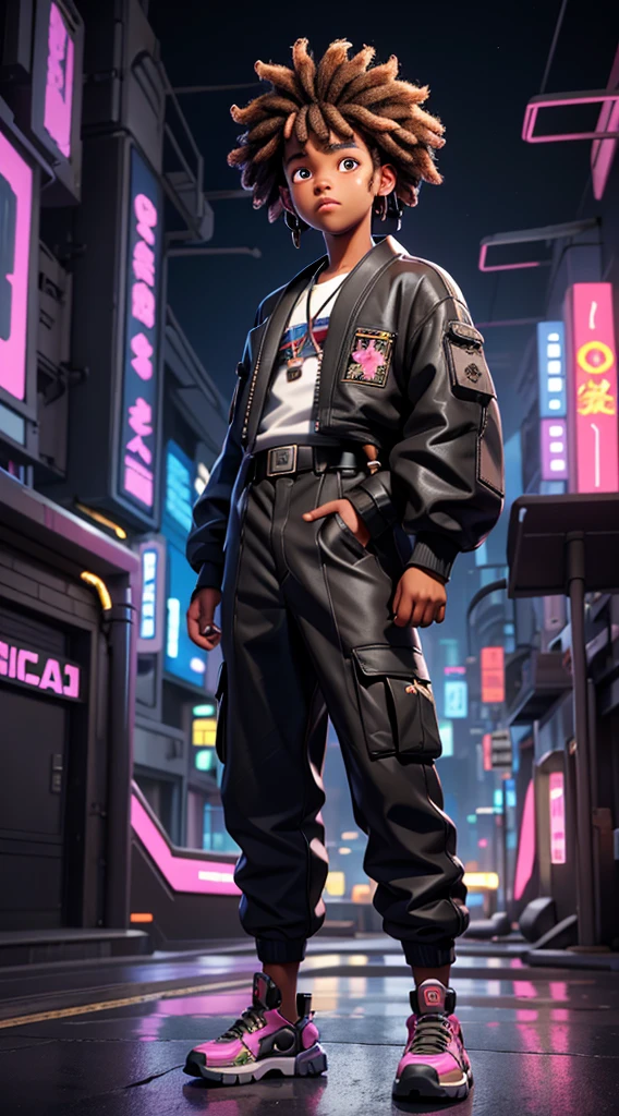 1st grade, ((afro boy)), bad boy, rapper, coily hair, short hair, ((dreadlocks)), kimono, cargo pants, tecnology, scientific fiction, ((cyberpunk)), black backdrop, neon city in the background, ultra-realistc |, ..3d, super verbose, oil painting