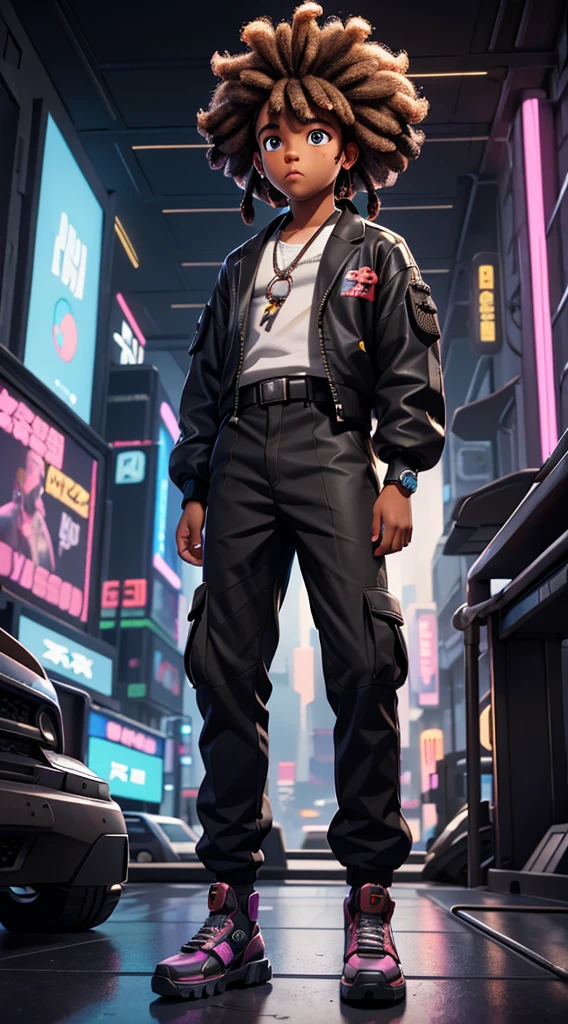 t grade, ((afro boy)), bad boy, rapper, coily hair, short hair, ((dreadlocks)), kimono, cargo pants, tecnology, scientific fiction, ((cyberpunk)), black backdrop, neon city in the background, ultra-realistc |, ..3d, super verbose, oil painting
