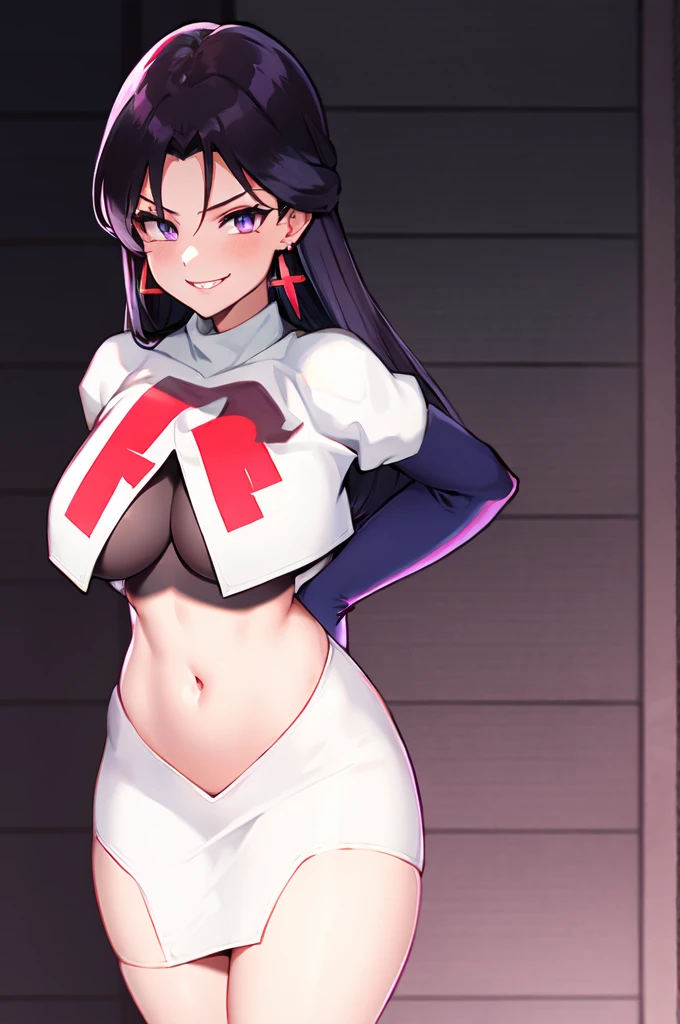 ReiHino, long hair, jewelry, crescent earrings, Team rocket, team rocket uniform, red letter R, white skirt,white crop top,black thigh-high boots, black elbow gloves, evil smile, earrings, large breasts, sexy pose