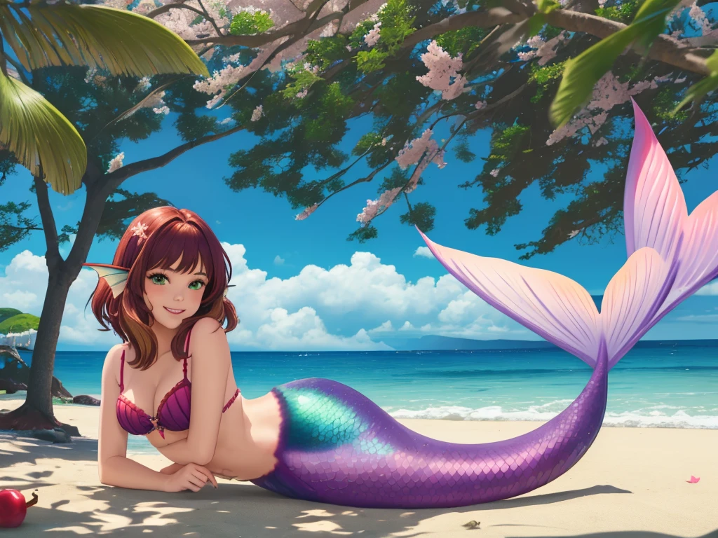 masterpiece, best quality:1.2), 1girl, smile, looking at viewer, green eyes, short brown multicolored hair, mermaid, mermaid girl, wearing purple seashell bra, laying on belly on beach, colorful mermaid tail, outdoors, head fins, fin ears, under cherry blossoms