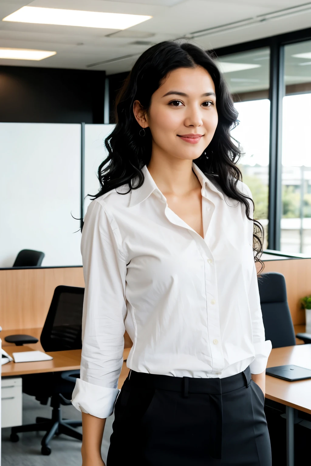 photo realistic office woman in her early thirties, with black wavy hair wearing casual clothes with a modern open plan office as the background