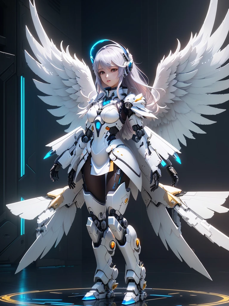 a close up of a woman in a white dress with wings, angel knight girl, angel in plastic armor, futuristic robot angel, beautiful cyborg angel girl, render of a cute 3d anime girl, 3 d render character art 8 k, full - body majestic angel, akihiko yoshida. unreal engine, mechanized valkyrie girl, trending in cgsociety