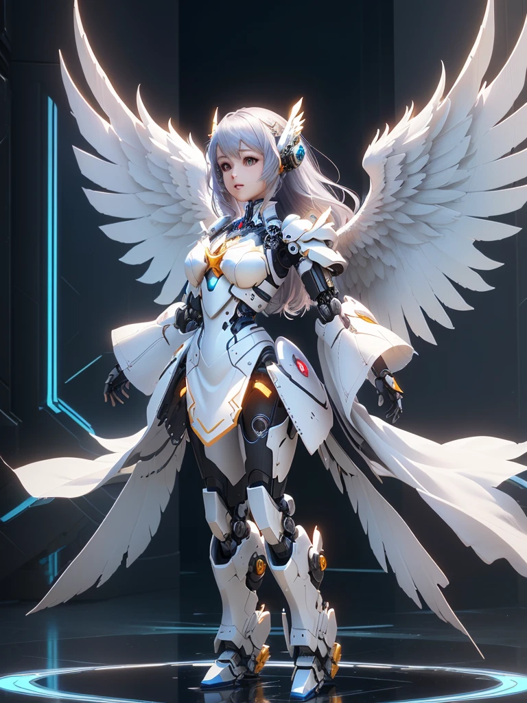 a close up of a woman in a white dress with wings, angel knight girl, angel in plastic armor, futuristic robot angel, beautiful cyborg angel girl, render of a cute 3d anime girl, 3 d render character art 8 k, full - body majestic angel, akihiko yoshida. unreal engine, mechanized valkyrie girl, trending in cgsociety