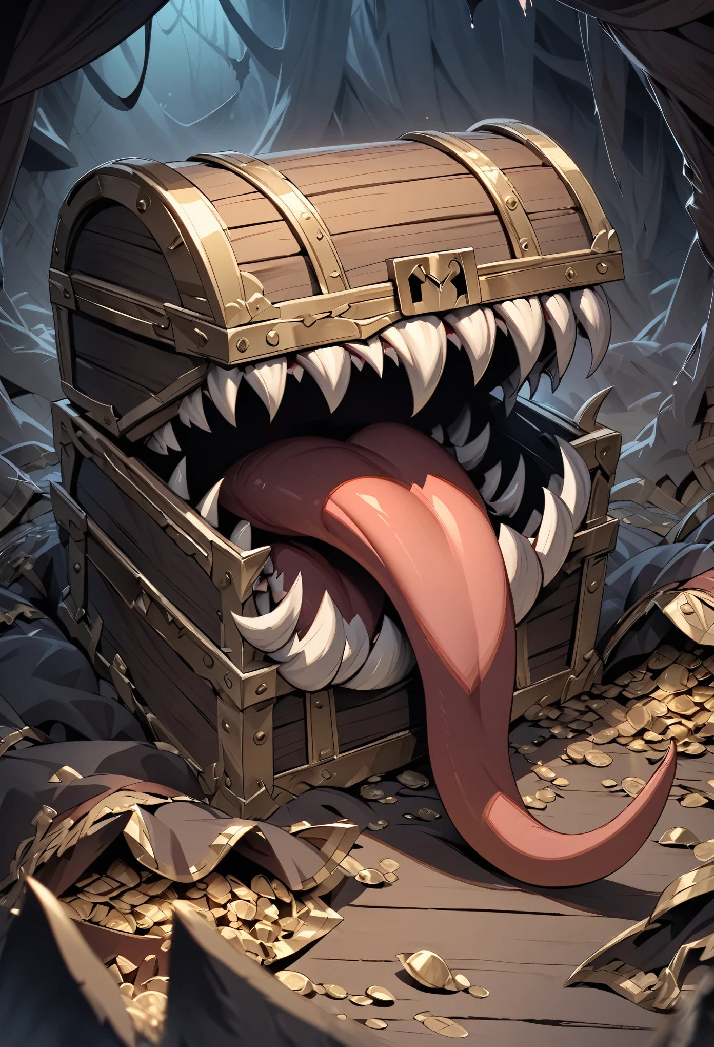 Disguised as a treasure chest, Transformed into a treasure chest, Mouth and fangs on a treasure chest, Treasure Chest Body, Long Tongue, mimic, Sharp Fangs:1.2, Attack with open mouth, Lurking deep in the dark dungeon, Dark color palette, High resolution, high resolution, High Detail, masterpiece:1.2,