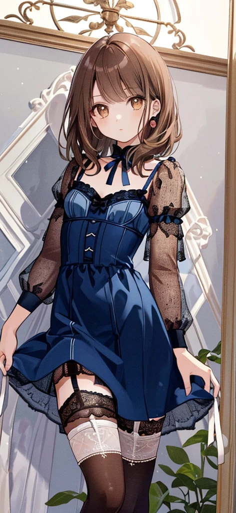 ((masterpiece)), ((best quality)), ((ultra detailed)), ((kawaii)), cute, (lovely), ((extremely detailed)), ((8K)), (beautiful), full body, luxury room, a cute girl, 1girl, solo, blue mini camisole dress,beautiful light brown hair, ((detailed beautiful brown eyes)), white-skinned, flat breast, tiny breast, garter belt,(garter stockings:1.4),pink eyeshadow