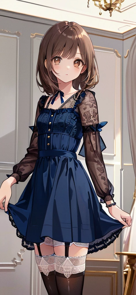 ((masterpiece)), ((best quality)), ((ultra detailed)), ((kawaii)), cute, (lovely), ((extremely detailed)), ((8K)), (beautiful), full body, luxury room, a cute girl, 1girl, solo, blue mini camisole dress,beautiful light brown hair, ((detailed beautiful brown eyes)), white-skinned, flat breast, tiny breast, garter belt,(garter stockings:1.4),pink eyeshadow