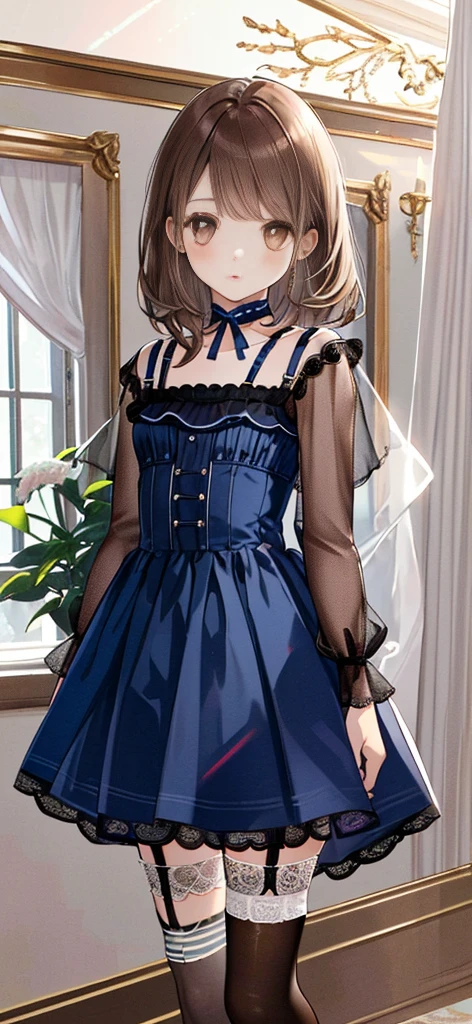 ((masterpiece)), ((best quality)), ((ultra detailed)), ((kawaii)), cute, (lovely), ((extremely detailed)), ((8K)), (beautiful), full body, luxury room, a cute girl, 1girl, solo, blue mini camisole dress,beautiful light brown hair, ((detailed beautiful brown eyes)), white-skinned, flat breast, tiny breast, garter belt,(garter stockings:1.4),pink eyeshadow