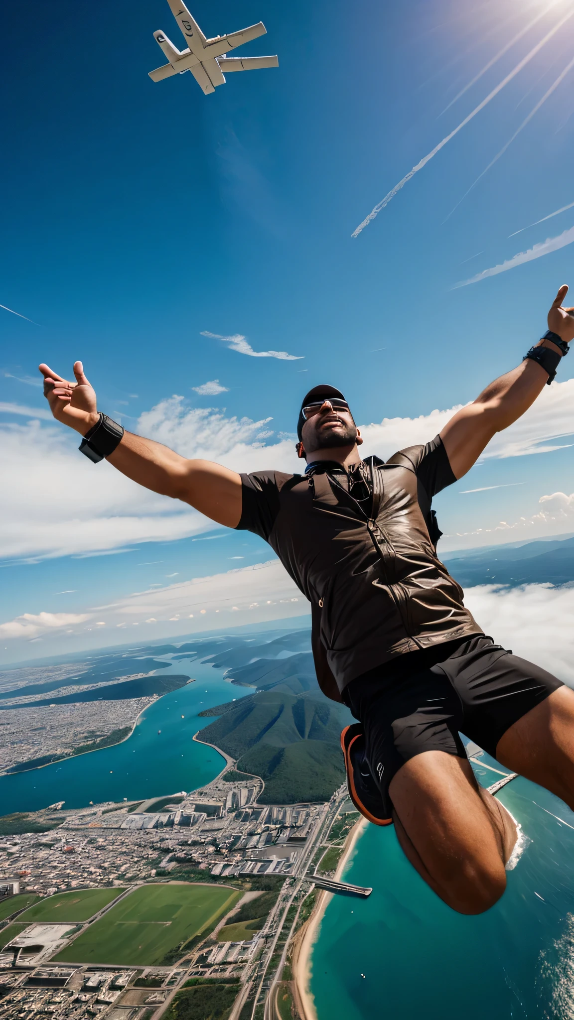 Men flying in the sky with taking camera in his hand 