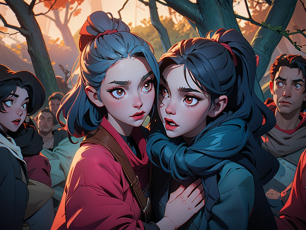 Vampire girl immobilized and tied to a tree, surrounded by a pack of werewolves in heat