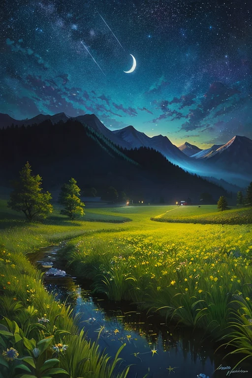 Highest quality、Landscape painting、nature、night景、night、moon、Starry Sky